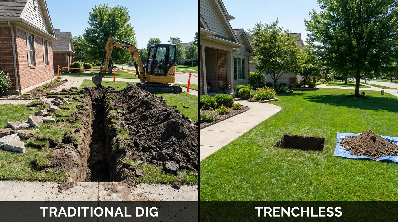Trenchless sewer repair with minimal yard damage versus traditional excavation in Brooks, KY
